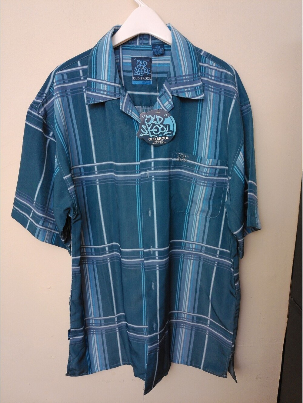 NWT‎ "Old Skool" Mens Button Up Shirt Large Teal Blue Plaid Y2K Inspired Skater